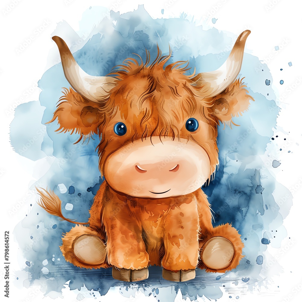 A cute cartoon highland cow with blue eyes sitting down against a blue watercolor background - obrazy, fototapety, plakaty 