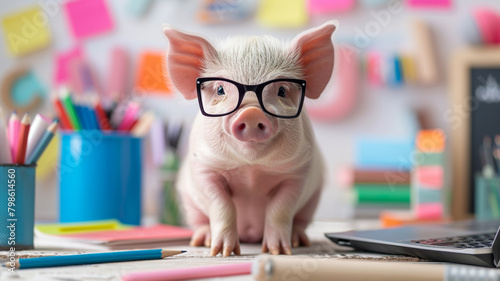 .A delightful photograph featuring a tiny piglet wearing glasses photo