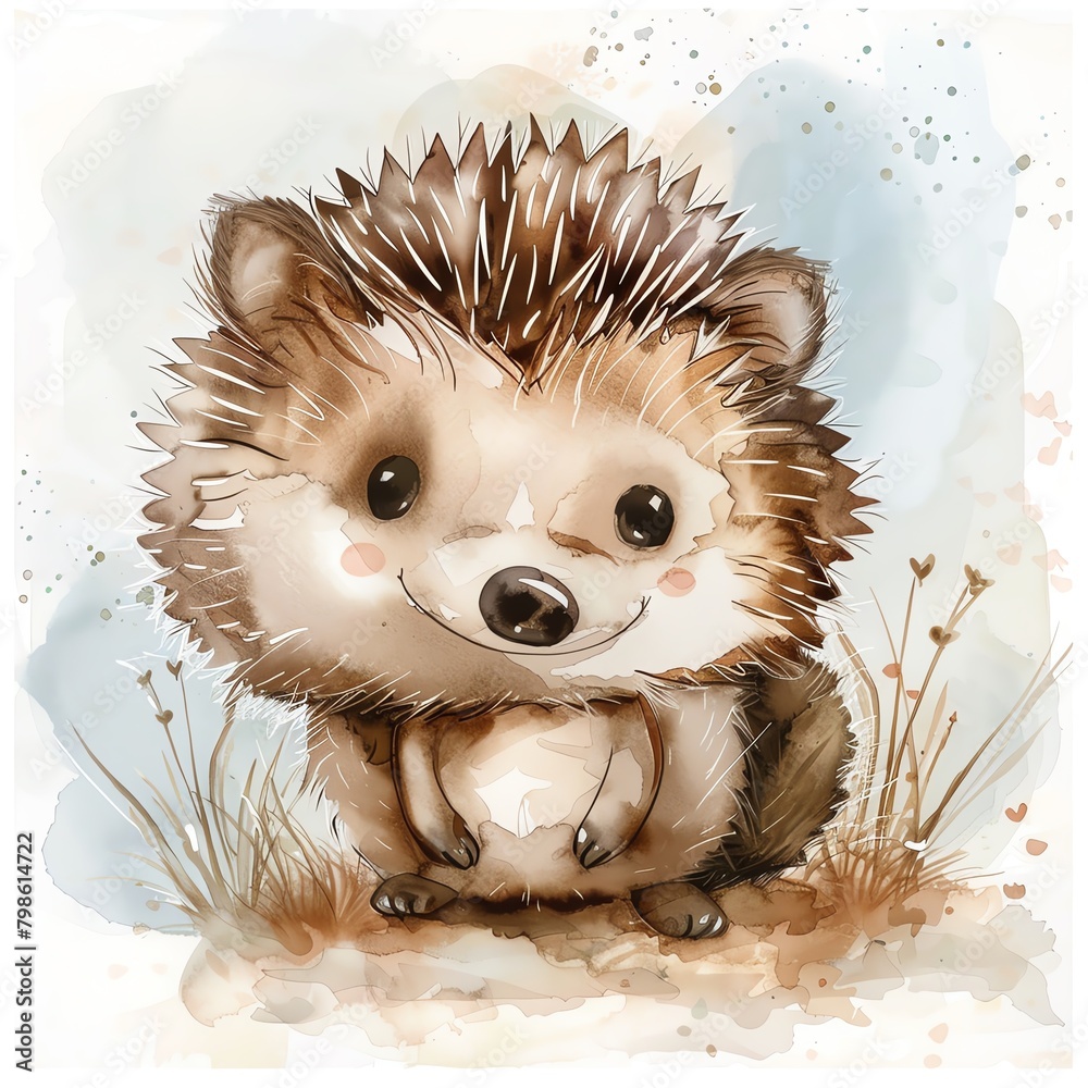 A cute watercolor illustration of a baby hedgehog - obrazy, fototapety, plakaty 