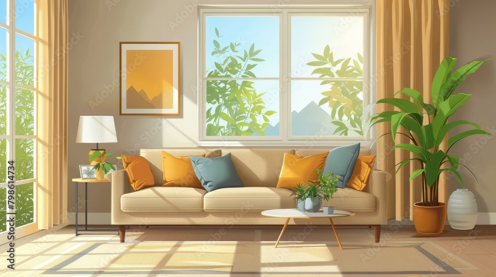 Fototapeta premium Interior Design: A vector illustration of a modern living room with stylish furniture and decorative elements