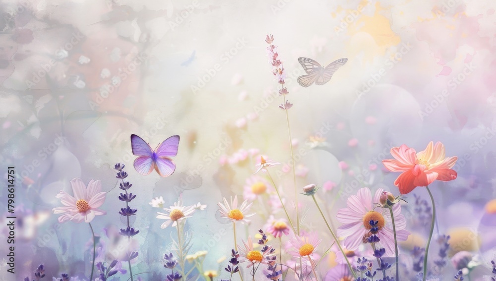 A watercolor painting of butterflies and wildflowers - obrazy, fototapety, plakaty 