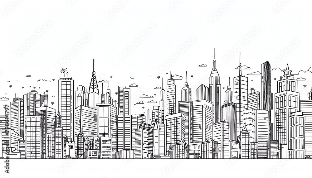 Fototapeta premium A black and white line drawing of a cityscape.