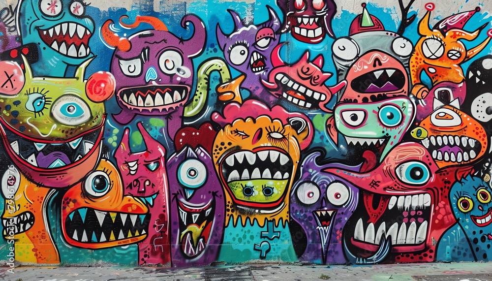 A graffiti of colorful cartoon monsters with big mouths and sharp teeth.