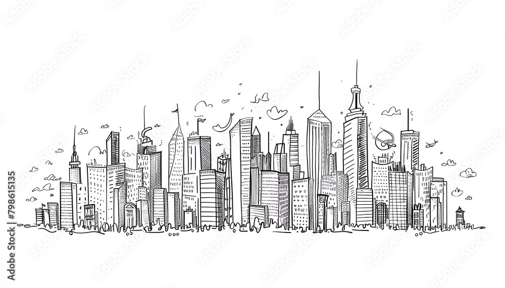 Obraz premium A simple line drawing of a cityscape with skyscrapers and clouds in the background.