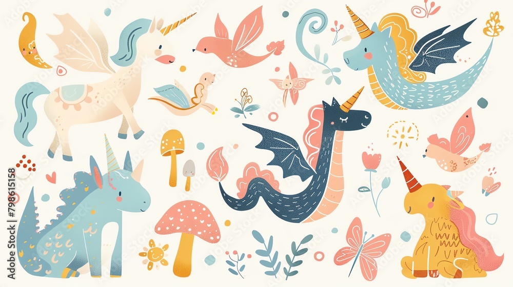 A vector illustration of a unicorn, a dragon, a gryphon, and other magical creatures.
