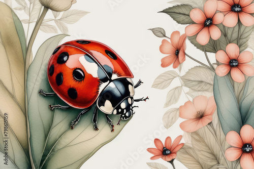 Spring or summer cutest card or poster with hand drawn ladybug on a wildflowers in watercolor style. © elena_hramowa
