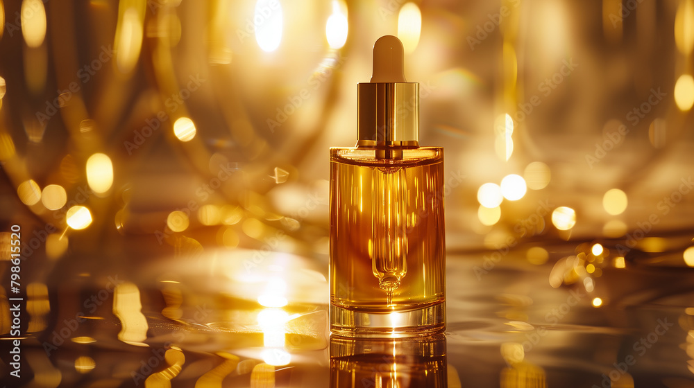 A luxurious bottle of Gold Collagen serum shining under soft lighting. A luxurious bottle of Gold Collagen serum shining under soft lighting.