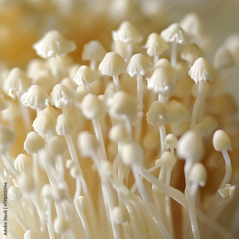 Delicate White Enoki Mushrooms Forming a Dense Cluster, A Close Up Look at the Fine Texture and Subtle Hues of These Edible Fungi Delicate White Enoki Mushrooms Forming a Dense Cluster, A Close Up Look at the Fine Texture and Subtle Hues of These Edible Fungi