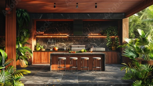 Outdoor Living: A 3D vector illustration of a modern outdoor kitchen with a grill, countertop