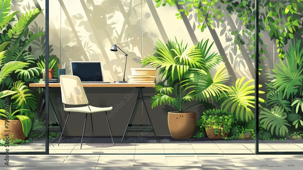 Outdoor Living: A Vector illustration featuring a modern outdoor workspace with a sleek desk, chair, and laptop