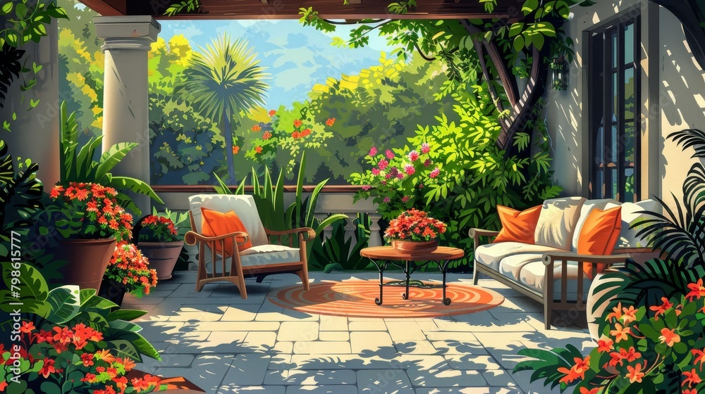 Obraz premium Outdoor Living: A Vector illustration depicting a cozy patio adorned with comfortable seating