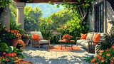 Outdoor Living: A Vector illustration depicting a cozy patio adorned with comfortable seating