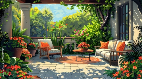 Outdoor Living: A Vector illustration depicting a cozy patio adorned with comfortable seating photo