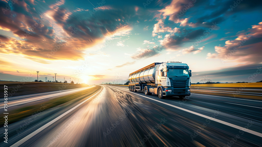 A tanker truck loaded with fuel cruises down the highway against a backdrop of a colorful sunset sky A tanker truck loaded with fuel cruises down the highway against a backdrop of a colorful sunset sky