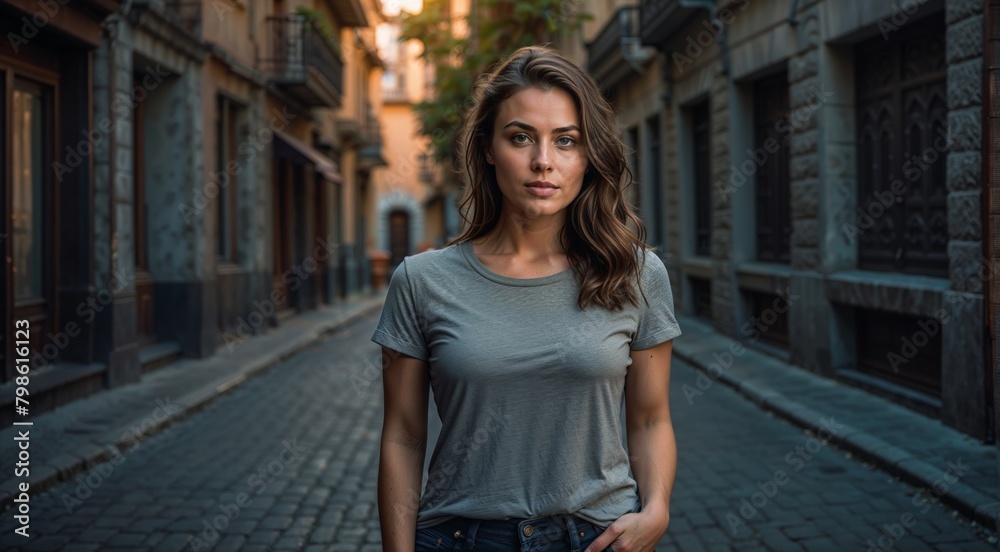 A beautiful young brunette woman in a blank T-shirt posing on the street. Mockup design concept