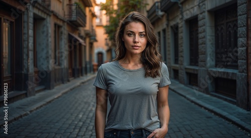 A beautiful young brunette woman in a blank T-shirt posing on the street. Mockup design concept