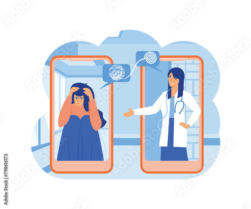 Psychological counseling concept. Psychological assistance service online on mobile phone. Therapist is helping to patient cope with a stressful situation. flat vector modern illustration