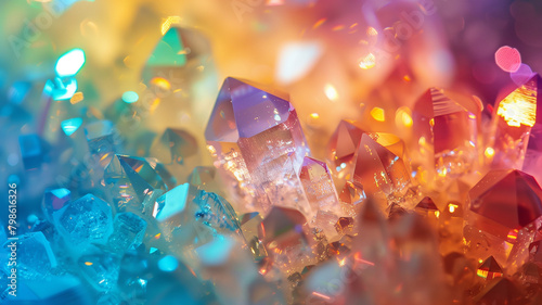 A close-up of colorful crystals reflecting light and creating a rainbow effect