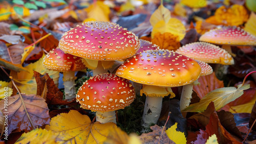 A close-up of colorful mushrooms growing amongst fallen leaves on a forest floor