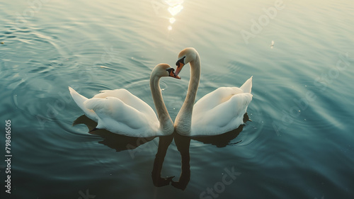 Fototapeta Naklejka Na Ścianę i Meble -  A close-up of two swans swimming together in a heart shape on a calm lake