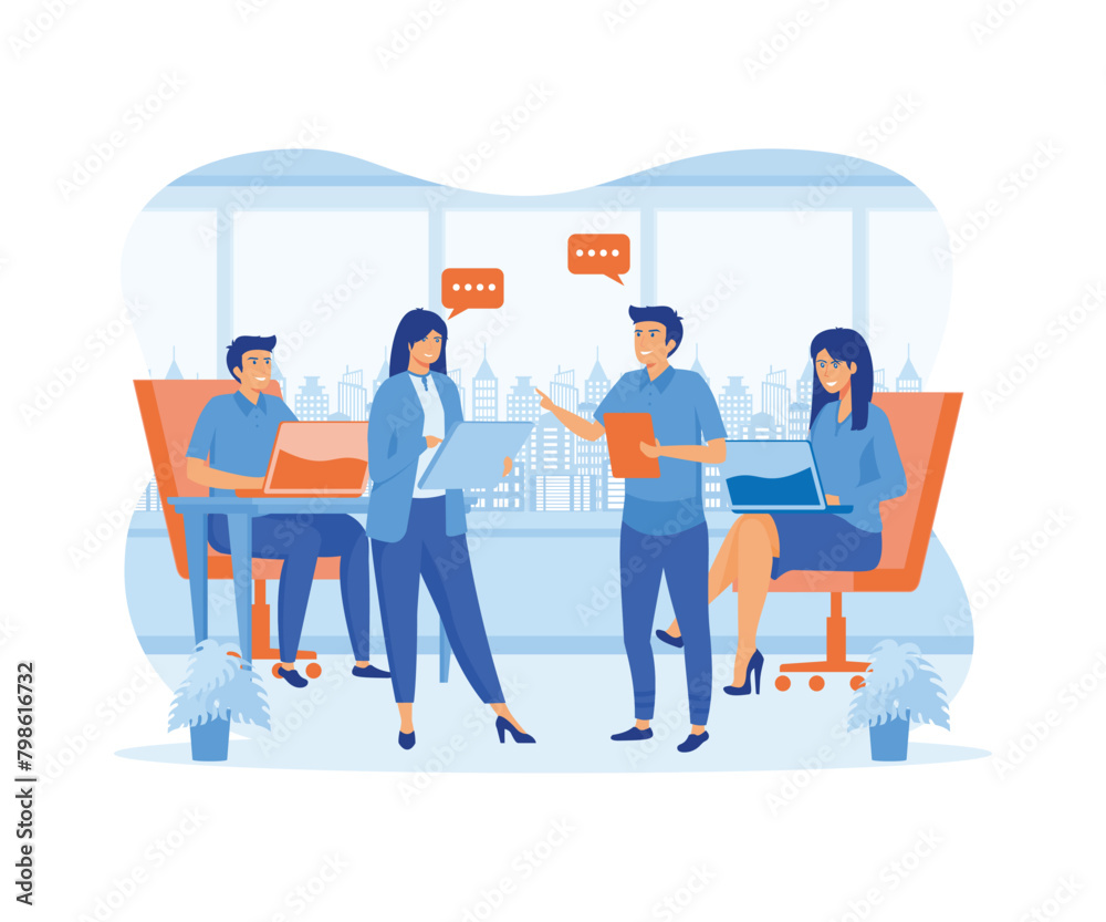 Work talk and discussion. People in office having business conversation with speech bubbles and digital devices in hands. flat vector modern illustration