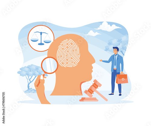 Forensic psychology as interrogation of suspect criminal tiny person concept. Mental research and interview for investigation about behavior for court.  flat vector modern illustration