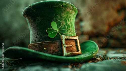 A leprechaun hat with a mischievous grin and a buckle adorned with a shamrock
