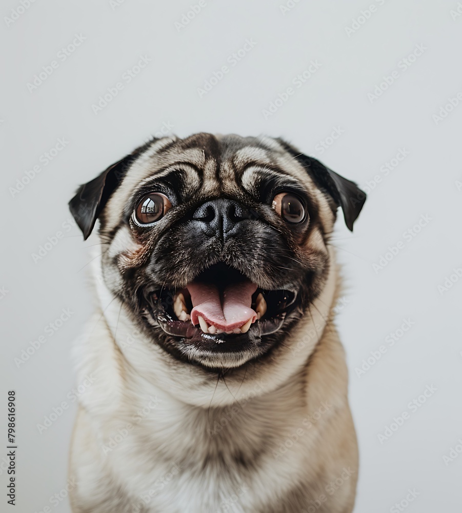 A photo of a happy smiling pug face against a white background