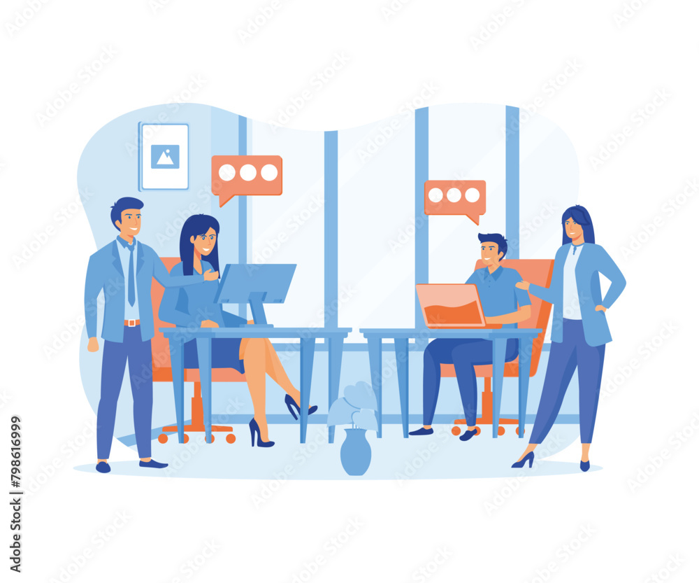 Team of people sitting at desk with laptops, working together. Meeting of colleagues. Coworking, teamwork concept. flat vector modern illustration
