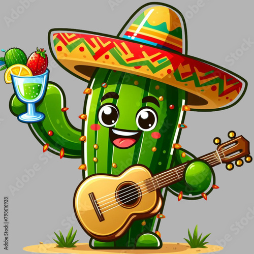 Free Vector Cinco De Mayo Cactus holds a tiny guitar Cute Cartoon Illustration Isolated White Background, generative Ai