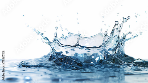 A single droplet of water splashing into a pool of water, capturing a splash effect against a white background