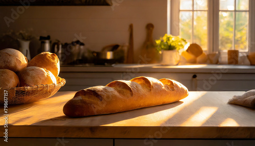 Freshly baked baguette lying on kitchen table, morning light. Bakery product, baked tasty food