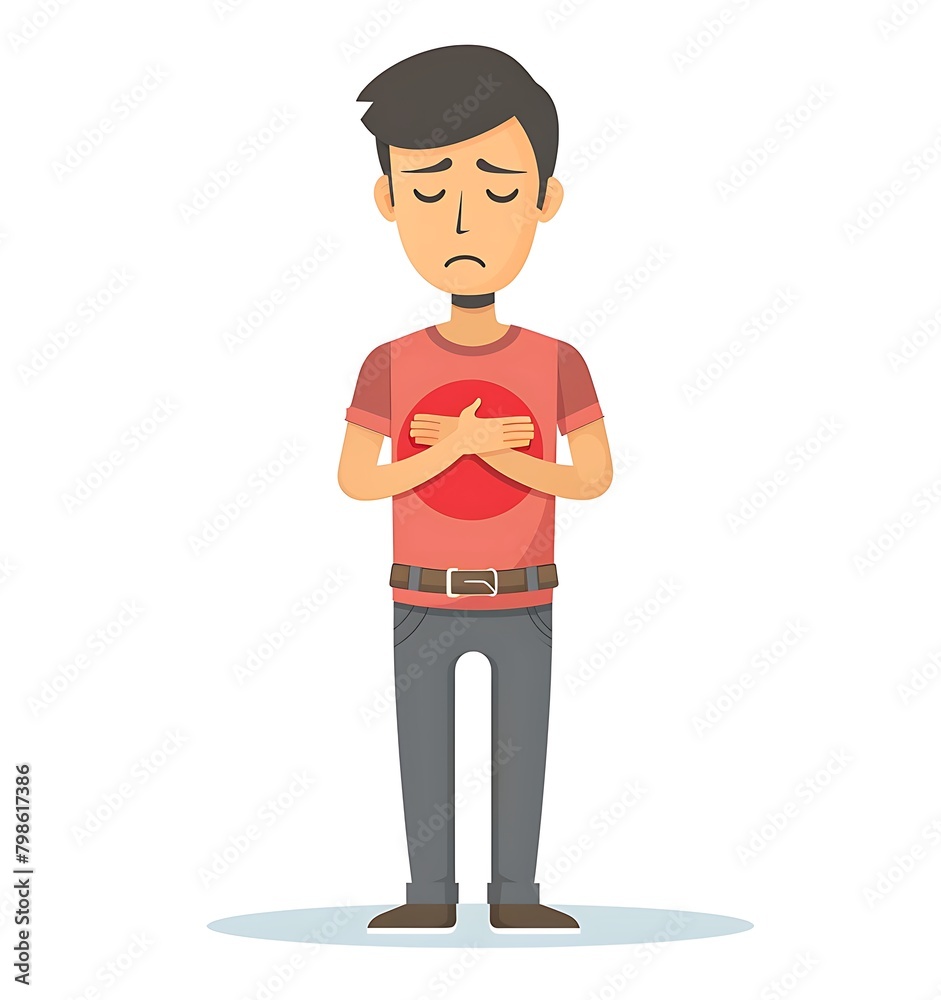 Man with chest pain, simple flat vector illustration of an adult man standing and holding his hands on heart area, red t shirt, grey jeans