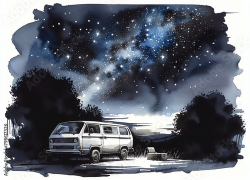 Watercolor painting of a van in beautiful sky