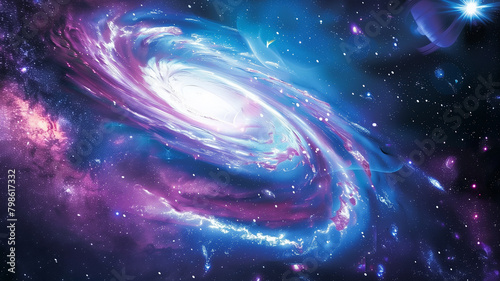 A vibrant galaxy with swirling blue and purple gas clouds and stars