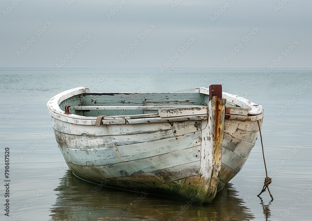 Old Weathered Wooden Boat Moored on Tranquil Sea Shore Old Weathered Wooden Boat Moored on Tranquil Sea Shore