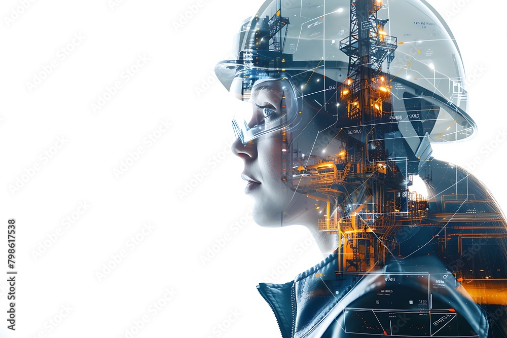 Double exposure of an engineer and industrial plant, female in the style of construction helmet on white background. 