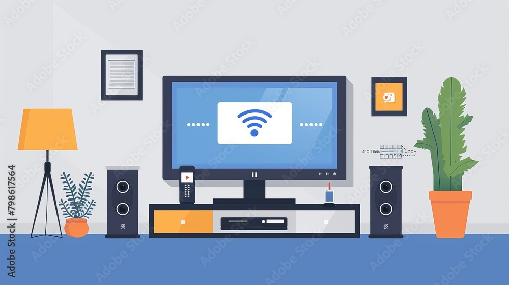 Smart Home Technology: A vector illustration of a smart TV with a voice-activated remote control Smart Home Technology: A vector illustration of a smart TV with a voice-activated remote control