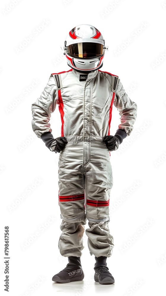 Racing Driver in Overalls and Helmet Looking at Camera, Isolated on White Racing Driver in Overalls and Helmet Looking at Camera, Isolated on White