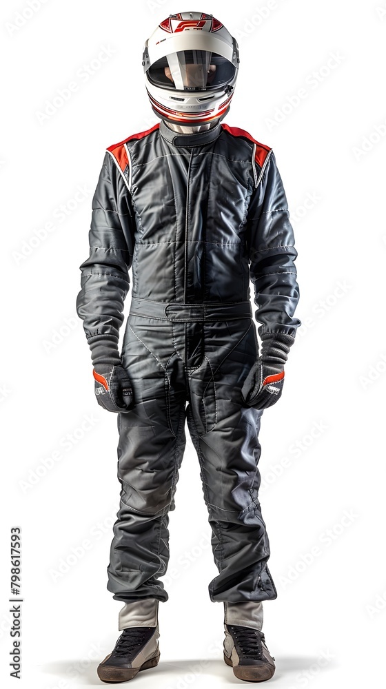Racing Driver in Overalls and Helmet Looking at Camera, Isolated on White Racing Driver in Overalls and Helmet Looking at Camera, Isolated on White