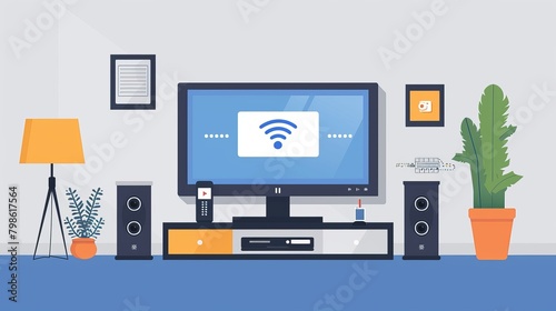Smart Home Technology: A vector illustration of a smart TV with a voice-activated remote control