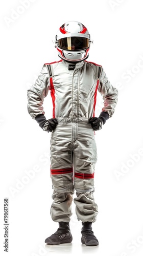 Racing Driver in Overalls and Helmet Looking at Camera, Isolated on White
