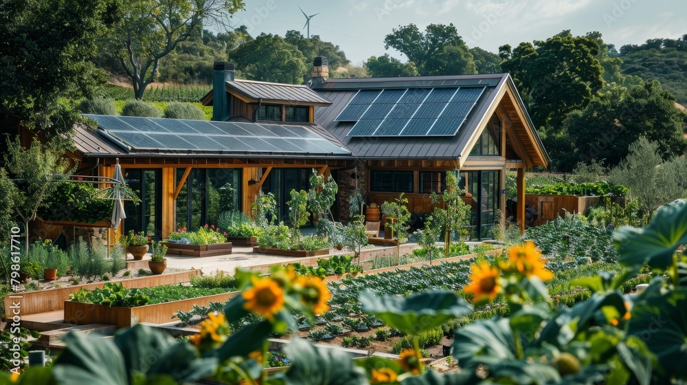 Sustainable Living Abundance: An abundant sustainable living setting with edible gardens, solar panels Sustainable Living Abundance: An abundant sustainable living setting with edible gardens, solar panels