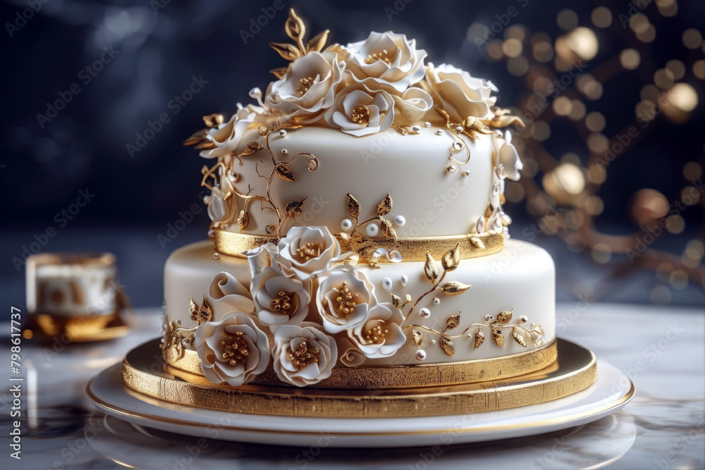 Fototapeta premium Three-tiered white wedding cake decorated with flowers and leaves roses. wedding, birthday, party traditional dessert concept. For banner, munu, with place for text.