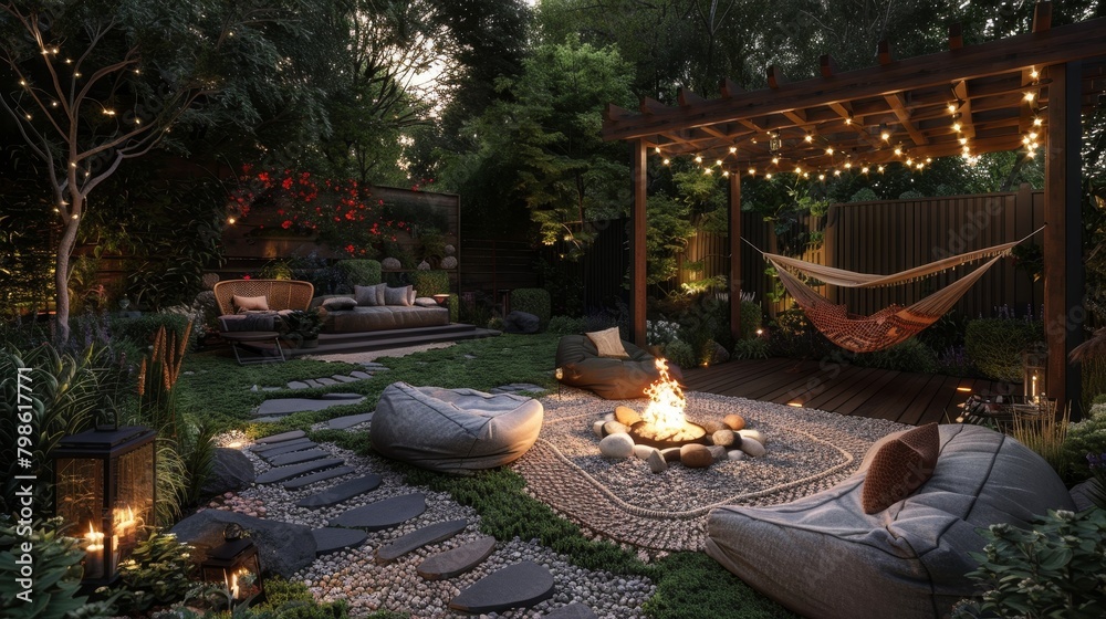 Sustainable Living Comfort: A comfortable outdoor living area with plush seating, a cozy fire pit