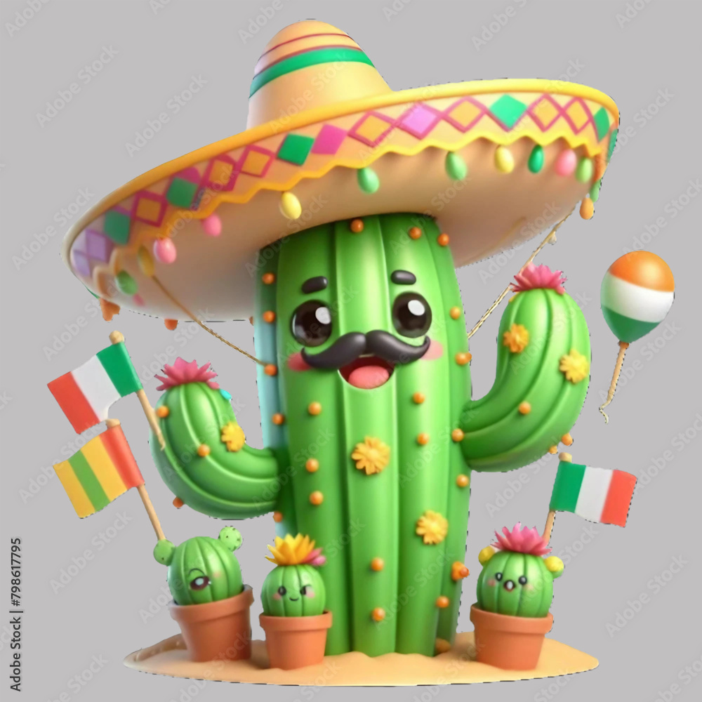Naklejka premium Free Vector Cinco De Mayo Cactus Cute Cartoon Illustration Isolated White Background, generative Ai