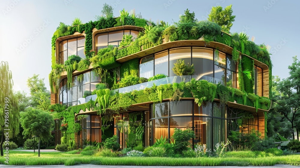 Sustainable Living Green Architecture: A 3D vector illustration of a green building with passive solar design