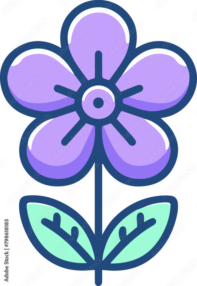 A simple flower with five petals colored in purple with a blue outline. The stem has two green leaves with a blue outline. A simple flower with five petals colored in purple with a blue outline. The stem has two green leaves with a blue outline.