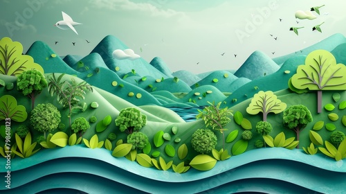 Sustainable Living Nature Harmony: A 3D vector illustration representing the harmony between sustainable living and nature