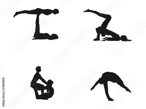 acro yoga silhouettes Icon Silhouette Illustration. Couple Vector Graphic Pictogram Symbol Clip Art. Doodle Sketch Black Sign. Set of editable vector silhouettes of man and woman. on white background.